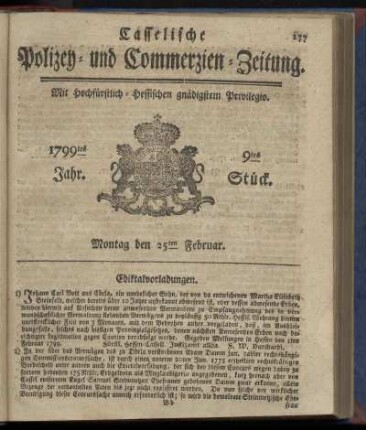 9tes Stueck, Montag den 25ten Februar 1799
