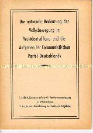 Dokumentation zur XV. Parteivorstandstagung der KPD am 20. August 1954