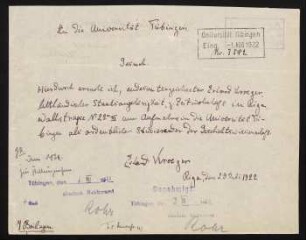 Gesuch Kroegers um die Aufnahme als Student in Tübingen. Riga, 29.07.1922.