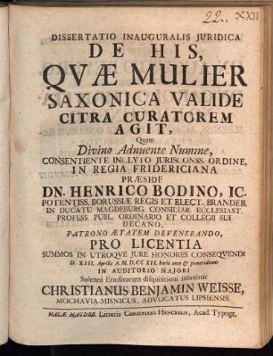 Dissertatio Inauguralis Juridica De His, Quæ Mulier Saxonica Valide Citra Curatorem Agit