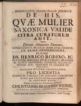 Dissertatio Inauguralis Juridica De His, Quæ Mulier Saxonica Valide Citra Curatorem Agit