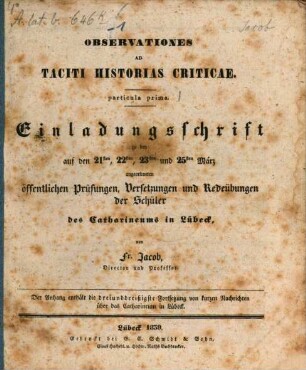 Einladungsschrift zu den ... öffentlichen Prüfungen, Versetzungen und Redeübungen der Schüler des Catharineums in Lübeck. 1839