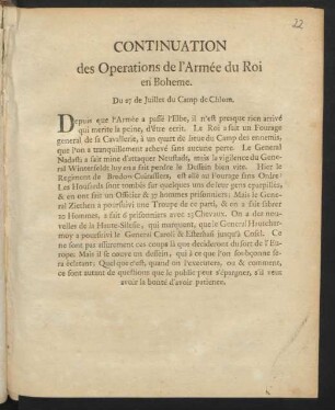 Continuation des Operations de l'Armée du Roi en Boheme : Du 27 de Juillet du Camp de Chlom