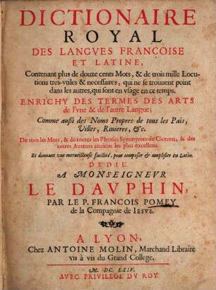 Dictionaire Royale des Langues françoise et latine