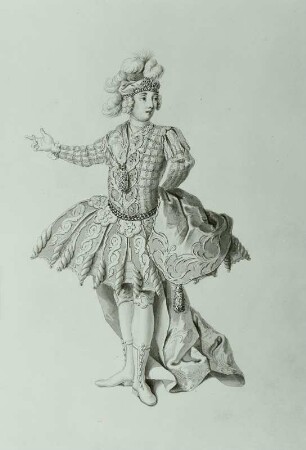 Angelo Amorevoli als Manlio in "Attilio Regolo" von Metastasio und Hasse. Hoftheater Dresden, Uraufführung 12. Januar 1750. Federzeichnung von F. Ponte, Blatt 4 in: Vestiarium der Oper "Attilio Regolo". Dresden: Kupferstich-Kabinett Ca 103