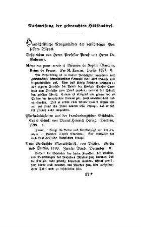 Nachweisung der gebrauchten Hülfsmittel