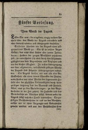 Fünfte Vorlesung. Vom Werth der Tugend.