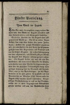 Fünfte Vorlesung. Vom Werth der Tugend.