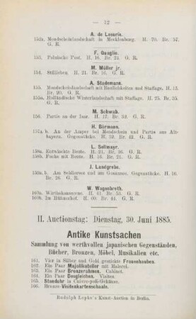 II. Auctionstag: Dienstag, 30. Juni 1885