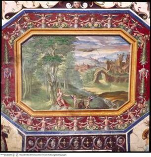 Stanza della Primavera: Groteskendekoration, Personifikation des Frühlings und Landschaften mit Szenen aus der antiken Mythologie, Landschaft mit Venus und Amoretten