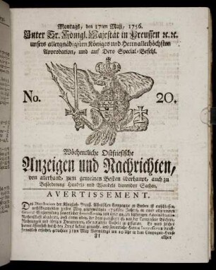 No. 20 . Montags, den 17ten Maji, 1756.