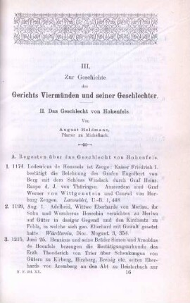 A. Regesten über das Geschlecht von Hohenfels.