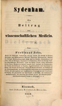 Sydenham : Ein Beitrag zur wissenschaftlichen Medicin