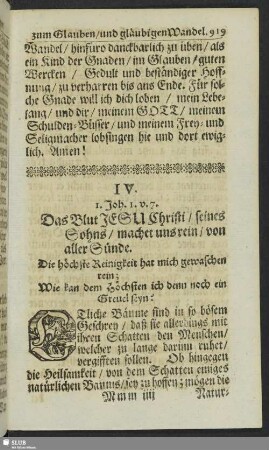 IV. 1. Joh. 1. v. 7. Das Blut Jesu Christi, seines Sohns, machet uns rein, von aller Sünde