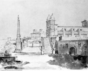 Seitenansicht der Trinità de' Monti mit dem Obelisco Sallustiano und der Villa Medici im Hintergrund - Piazza Trinità dei Monti