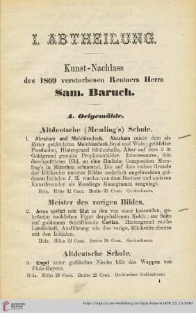 Kunst-Nachlass des 1869 verstorbenen Rentners Herrn Sam. Baruch