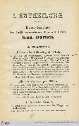 Kunst-Nachlass des 1869 verstorbenen Rentners Herrn Sam. Baruch