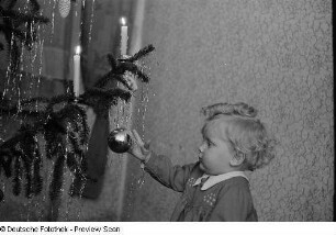 Porträt eines kleinen Mädchens mit Christbaumkugel an einem Weihnachtsbaum