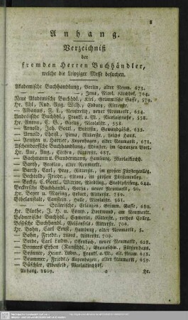 Verzeichniß der fremden Herren Buchhändler, welche die Leipziger Messen besuchen