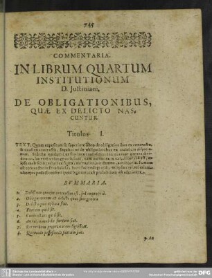 Commentaria. In Librum Quartum Institutionum D. Justiniani. De Obligationibus, Quae Ex Delicto Nascuntur