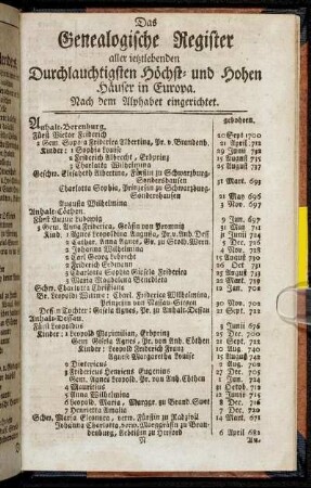 Das Genealogische Register aller ietzlebenden Durchlauchtigsten Höchst- und Hohen Häuser in Europa.