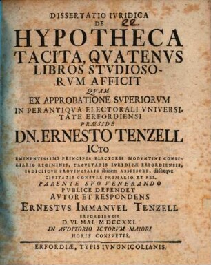 Diss. iur. de hypotheca tacita, quatenus libros studiosorum afficit