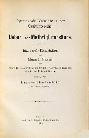 Synthetische Versuche in der Oxalsäurereihe : Ueber [Alpha Alpha]-Methylglutarsäure