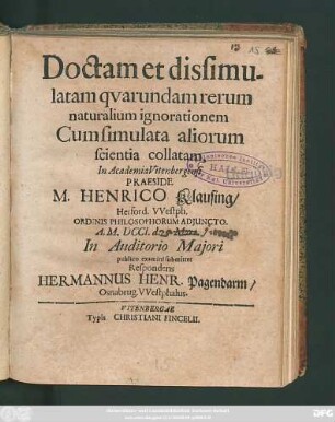 Doctam et dissimulatam qvarundam rerum naturalium ignorationem cum simulata aliorum scientia collatam