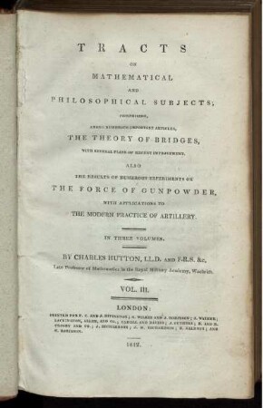 Vol. 3: Tracts on mathematical and philosophical subjects; In three volumes. Vol. 3
