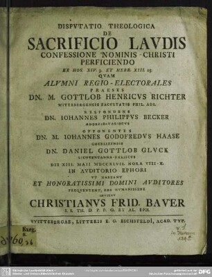 Disputatio Theologica De Sacrificio Laudis Confessione Nominis Christi Perficiendo : Ex Hos. XIV. 3. Et Hebr. XIII. 15.