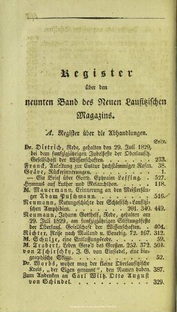 Register über den neunten Band des Neuen Lausitzischen Magazins