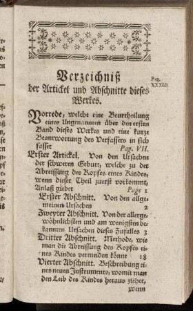 Verzeichniß der Artickel und Abschnitte dieses Werkes.
