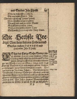 Die Sechste Predigt/ Von dem bittern Leiden und Sterben unsers Herren und Heylandes Jesu Christi.