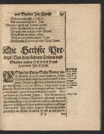 Die Sechste Predigt/ Von dem bittern Leiden und Sterben unsers Herren und Heylandes Jesu Christi.