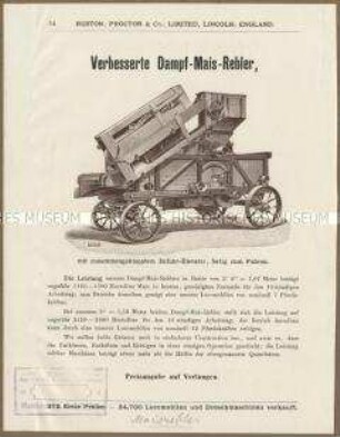 Landwirtschaftliche Maschinen der Ruston Proctor und Cie. in England