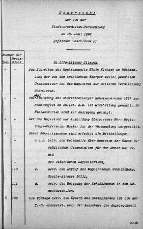 Uebersicht der von der Stadtverordneten-Versammlung am 16. Juni 1897 gefassten Beschlüsse., 16. Juni 1897