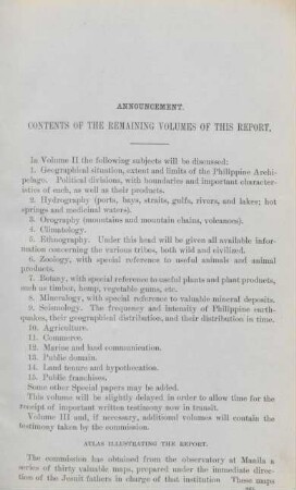 Announcement. Contents of the remaining volumes of this report