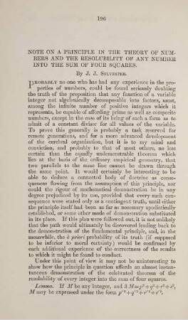 Note on a principle in the theory of numbers and the resolubility of any number into the sum of four squares.