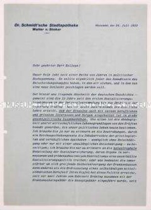Offener Brief eines Apothekers an seine Kollegen mit Wahlpropaganda für die DNVP zur Reichstagswahl im Juli 1932