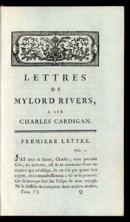 Lettres De Mylord Rivers, A Sir Charles Cardigan. Premiere Lettre.