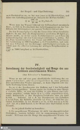IV. Berechnung der Geschwindigkeit und Menge des aus Gebläsen ausströmenden Windes
