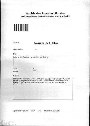 Indien V. Schriftwechsel v. a. mit GELC und Berichte