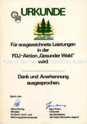 Urkunde "Für ausgezeichnete Leistungen in der FDJ-Aktion 'Gesunder Wald'" (blanko)