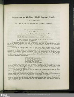 Gedächtnisrede auf Oberlehrer Heinrich Immanuel Schnabel