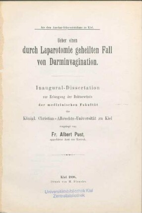 Ueber einen durch Laparotomie geheilten Fall von Darminvagination