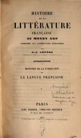 Histoire de la littérature française du moyen-âge comparée aux littératures étrangères