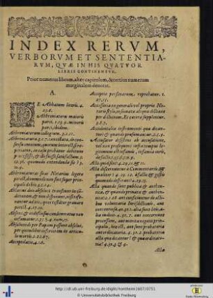 Index Rerum, Verborum Et Sententiarum, Quae In His Quator Libris Continentur.