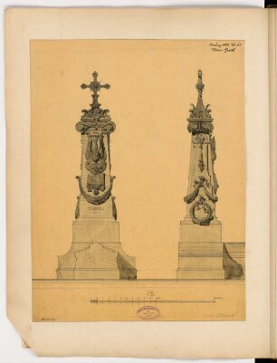 Grabstelle Monatskonkurrenz März 1889: Aufriss Vorderansicht, Seitenansicht 1:10; Maßstabsleiste
