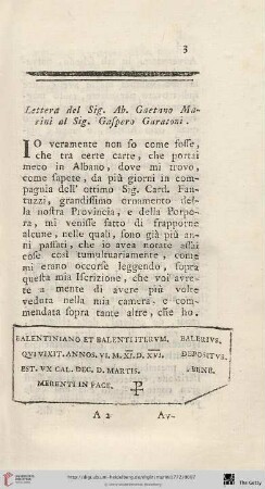 Lettera del Sig. Ab. Gaetano Marini al Sig. Gaspero Garatoni