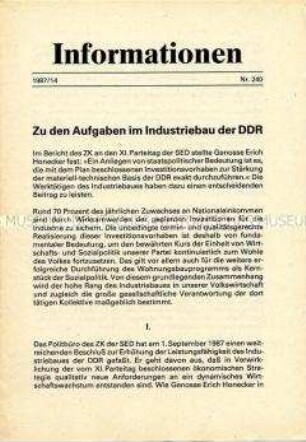 Parteiinformation der SED zu Fragen des Industriebaus
